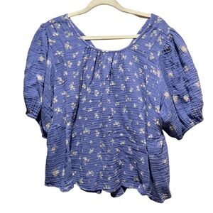 Free People Chloe Blue and White Smocked Puff Sleeve Blouse Size‎ XL